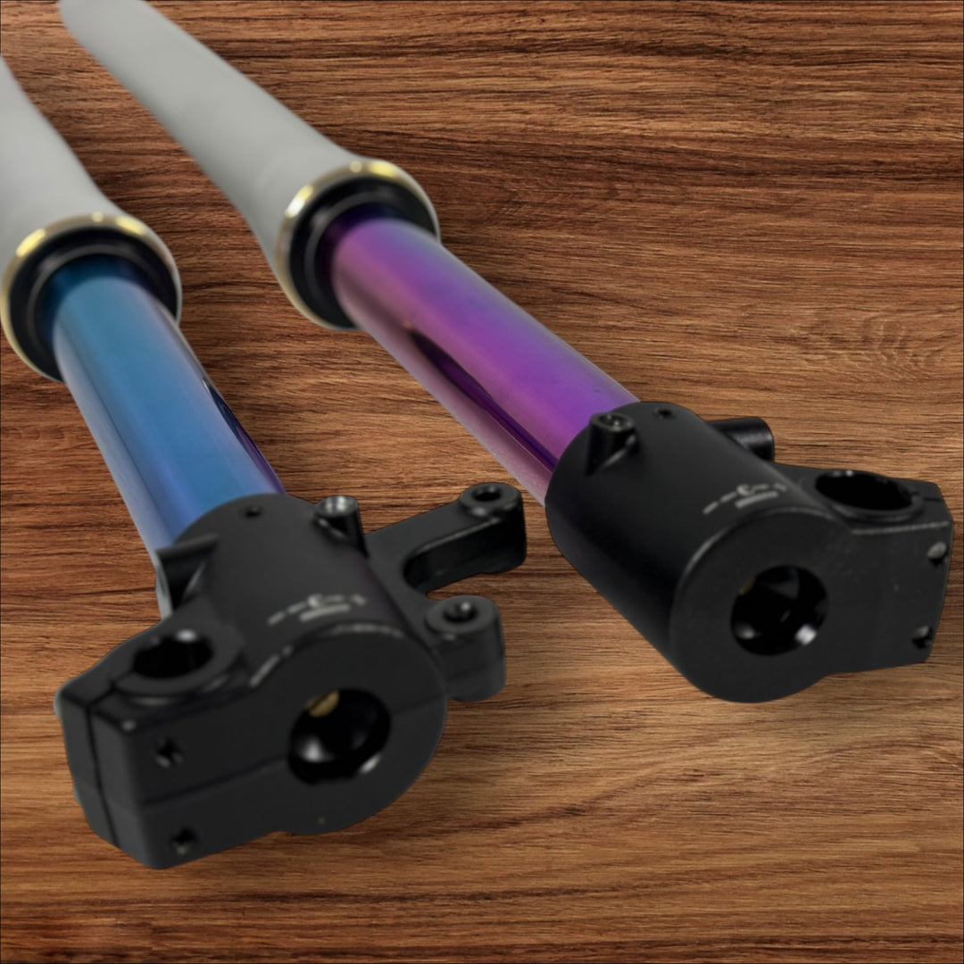Electro & Co ETM RTR "Oil Slick" forks with multi-color finish, fully adjustable suspension upgrade for bike forks.
