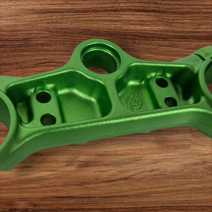 Electro & Co ETM RTR anodized triple clamps set with custom color upper and lower replacement clamps for motorcycle handlebars.