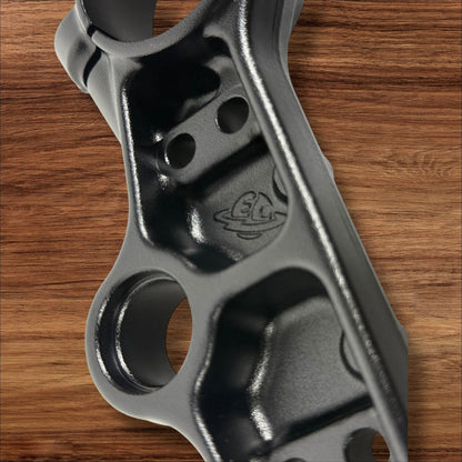 Electro & Co ETM RTR anodized triple clamps, custom color upper and lower replacement clamps for motorcycle handlebars, in a sleek finish.