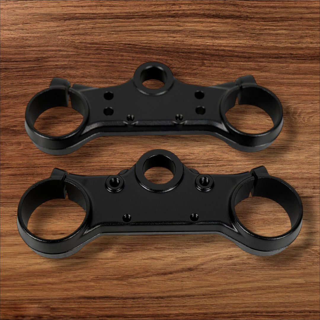Electro & Co ETM RTR anodized triple clamps, custom color upper and lower replacement set for motorcycle handlebars.