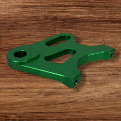 Electro & Co ETM RTR anodized brake brackets set in black, red, blue, green, and purple for front and rear bike brake systems.