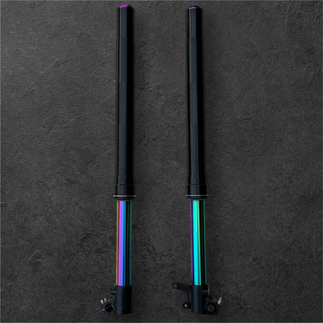 Electro & Co ETM RTR "Oil Slick" forks with fully adjustable suspension and multi-color finish for mountain bikes.