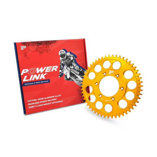 eDirtyBike Power Link Rear Sprocket for Surron Ultra Bee, gold color, durable metal sprocket for electric bike drivetrain.