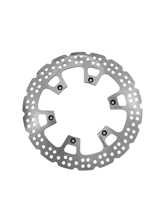 Yamaha 250mm front fixed rotor by Warp9Racing, showing the metal rotor with mounting holes and detailed surface texture.