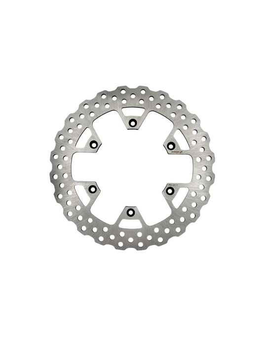 Yamaha 245mm rear fixed rotor by Warp9Racing, showing a close-up of the black metal disc with mounting holes and detailed surface.
