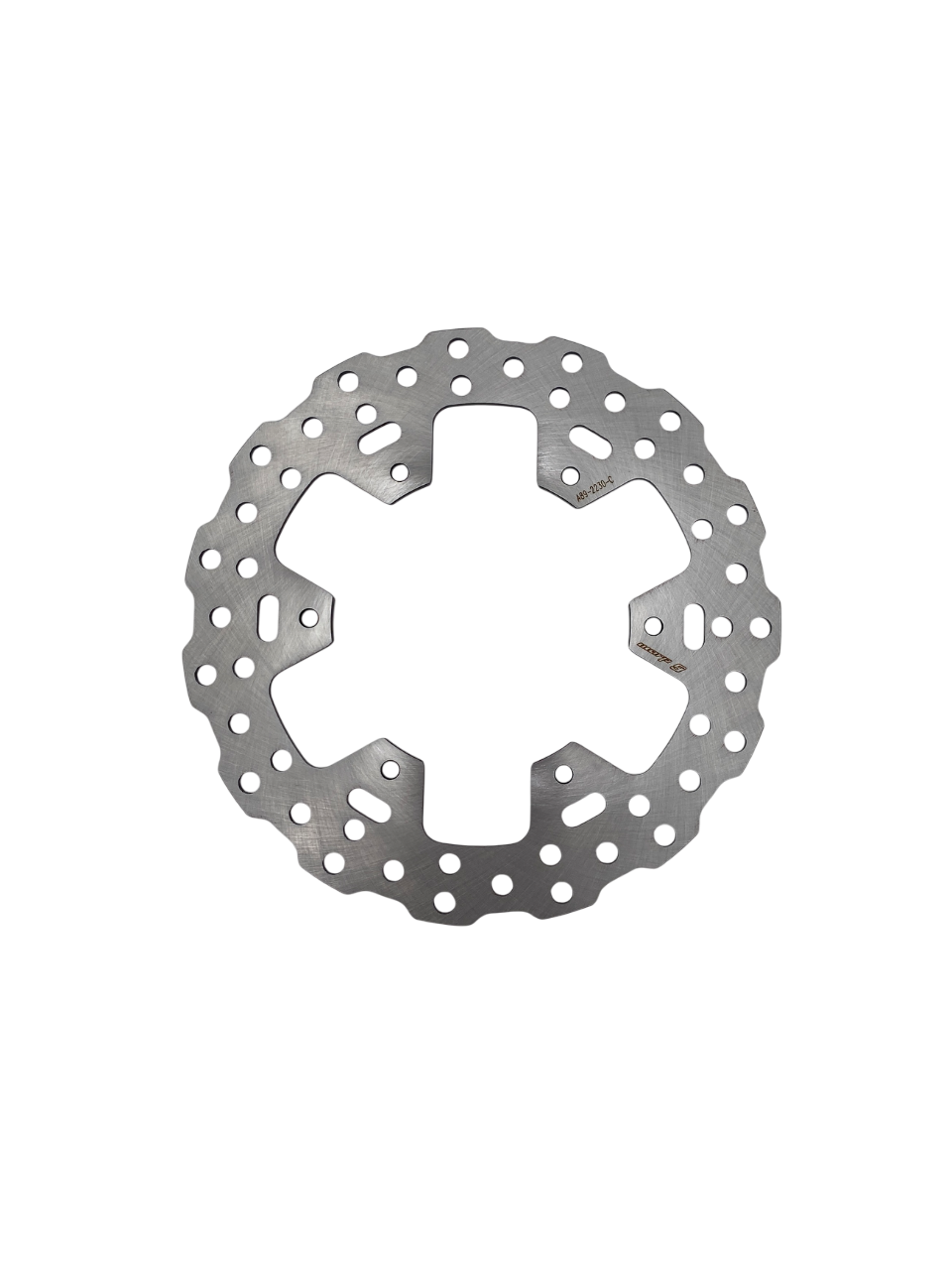 Warp9Racing 230mm rear fixed rotor for WR250R and WR250X dual-sport motorcycles, shown with mounting details and metallic finish.