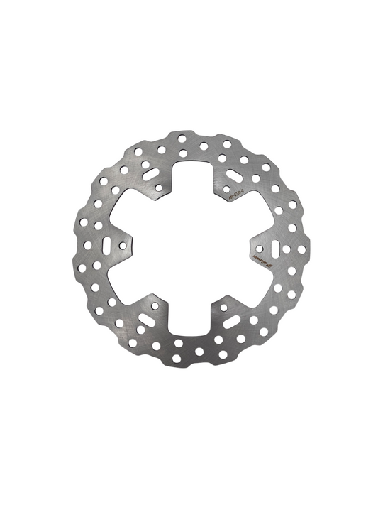 Warp9Racing 230mm rear fixed rotor for WR250R and WR250X dual-sport motorcycles, shown with mounting details and metallic finish.
