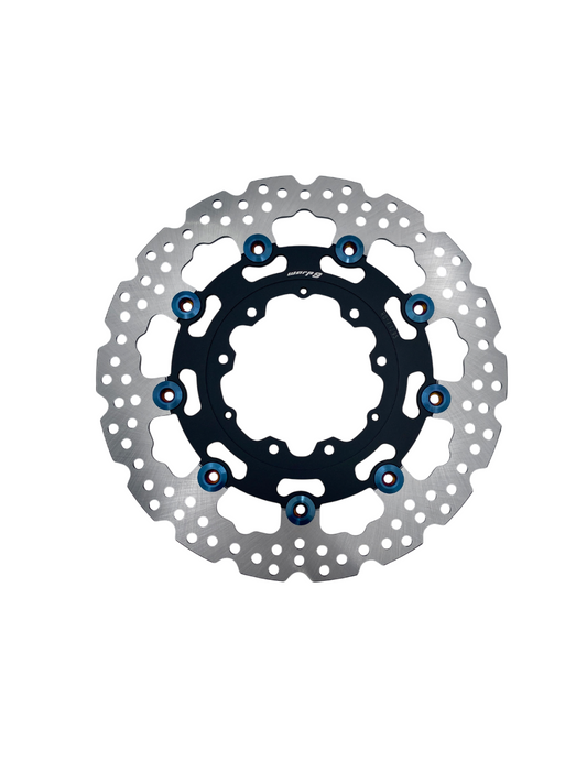 Honda 295mm front floating rotor by Warp9Racing, showing the detailed metal disc with venting and mounting holes.