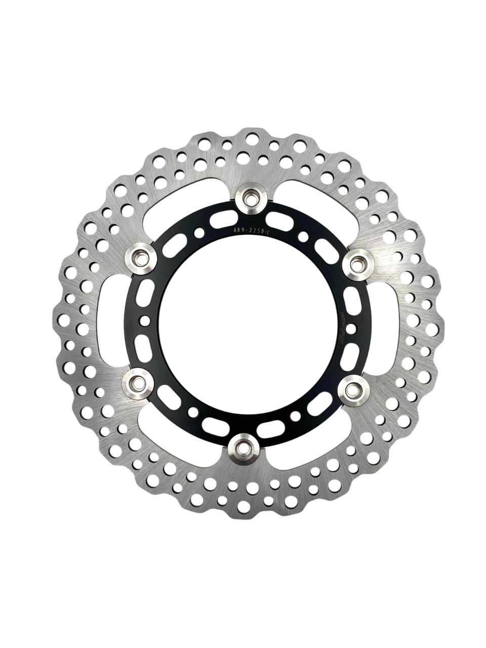Warp9Racing WRR 250mm front floating brake rotor with ventilated design and mounting holes, shown in a close-up view.