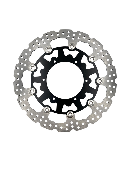 Warp9Racing WRR 320mm front floating brake rotor with ventilated design and mounting holes, shown in black finish.