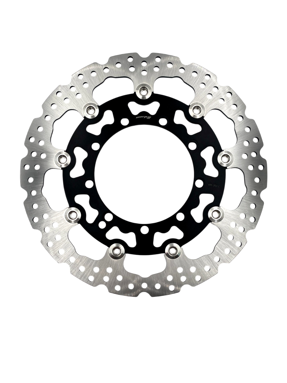 Warp9Racing GEN 1 and 2 KLR650 320mm front floating brake rotor with rotor bolts, showing the durable, precision-machined disc.