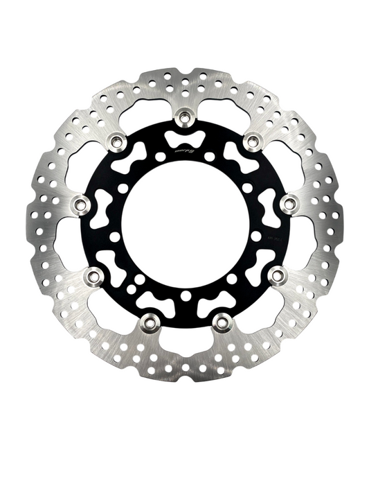 Warp9Racing GEN 1 and 2 KLR650 320mm front floating brake rotor with rotor bolts, showing the durable, precision-machined disc.