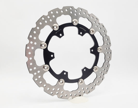 Warp9Racing KTM 790 and 1290 Adventure 320mm front floating brake rotor, close-up view showing detailed rotor surface.