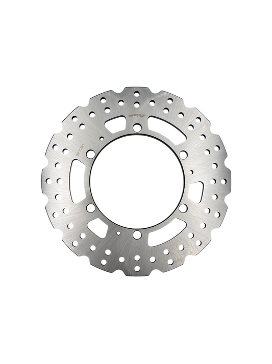 Warp9Racing KLR650 240mm rear fixed brake rotor with bolts, showcasing durable metal construction for motorcycle braking performance.