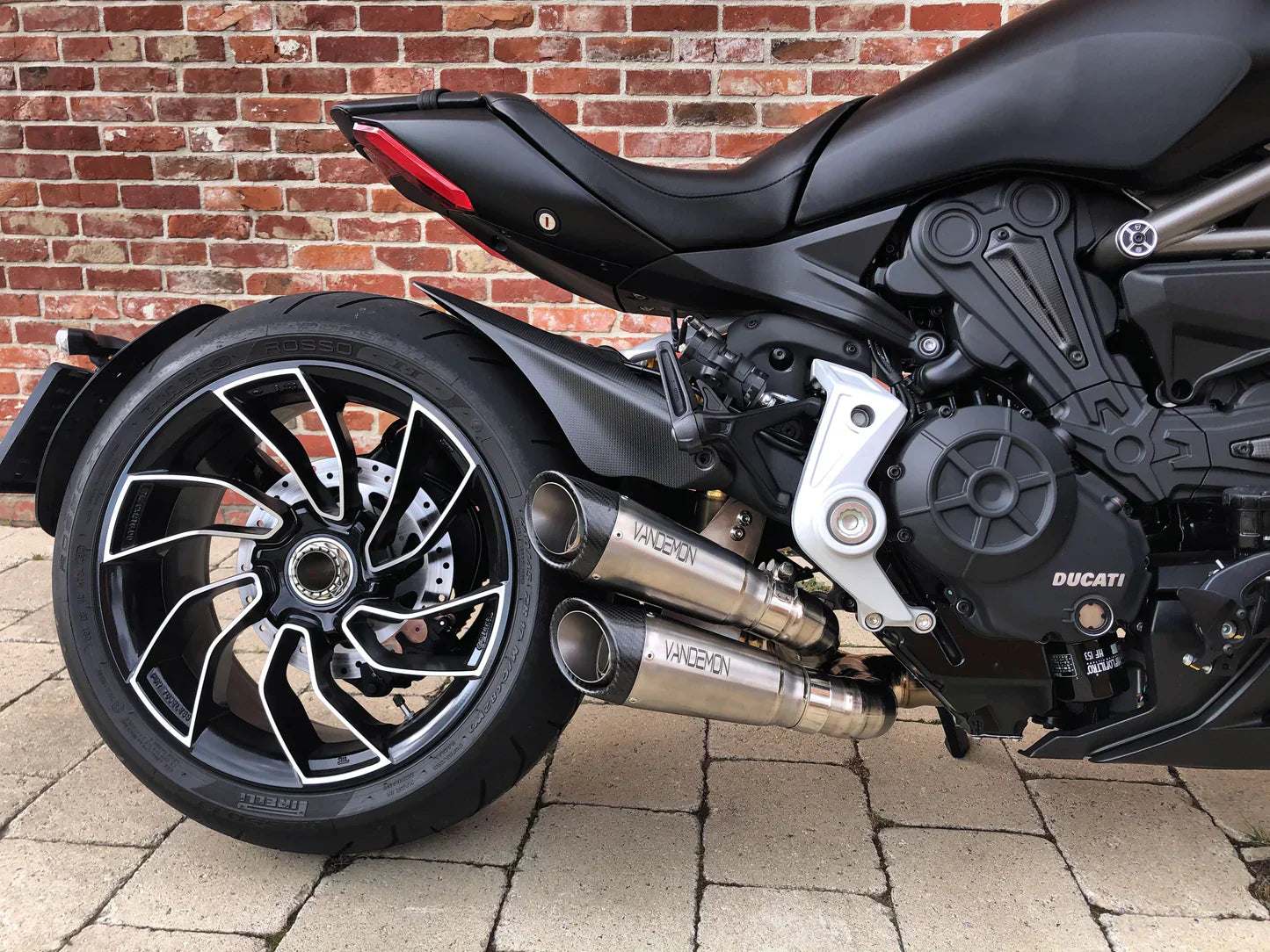 Vandemon titanium exhaust system for Ducati XDiavel and Diavel S 1260, in stock, installed on a motorcycle.