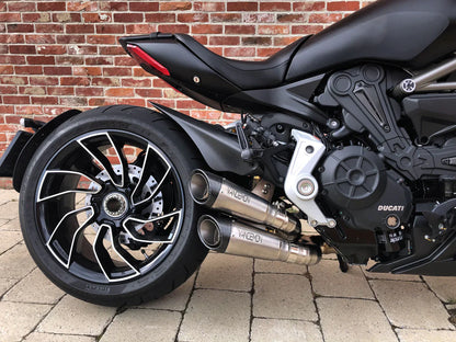 Vandemon titanium exhaust system for Ducati XDiavel and Diavel S 1260, in stock, installed on a motorcycle.