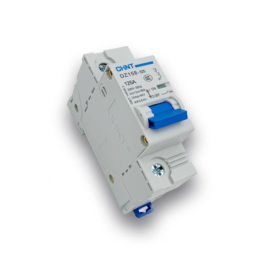 eDirtyBike 125A single phase circuit breaker with protective switch and wiring for electrical safety and circuit management.