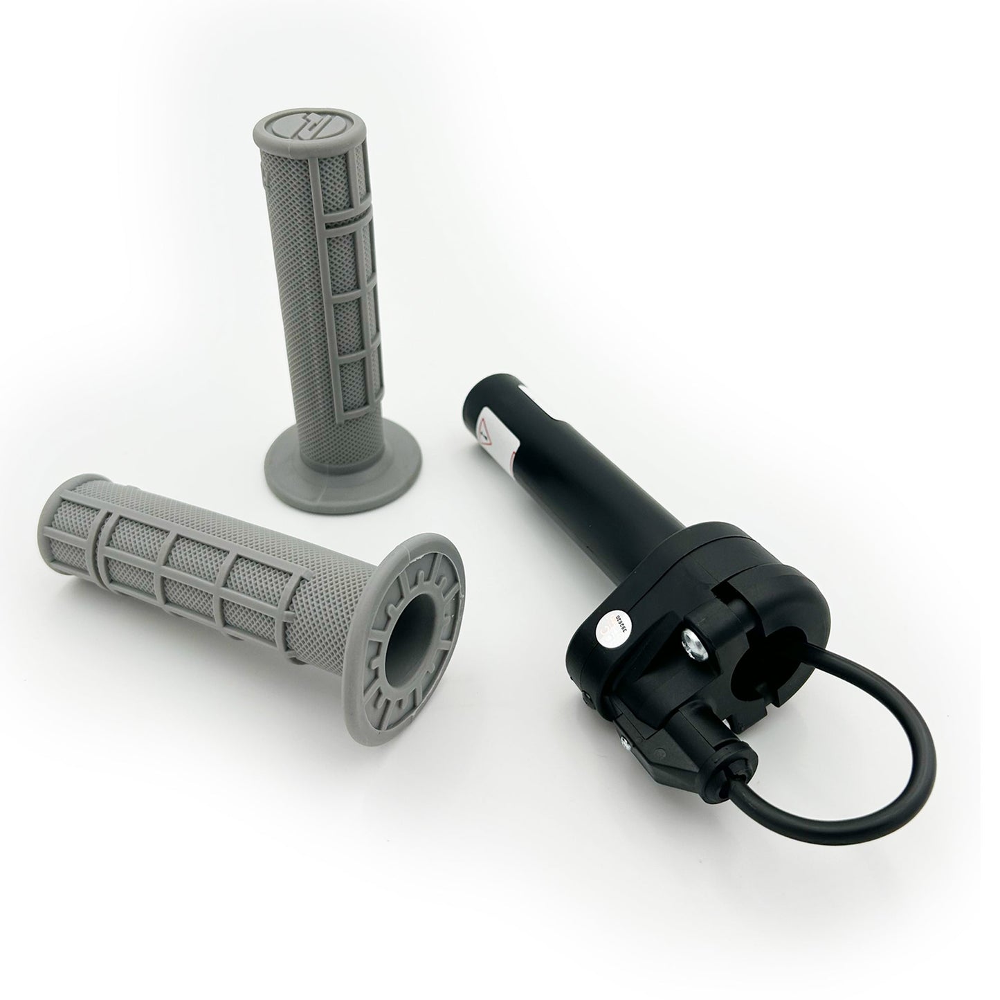 Gray eDirtyBike 1/4 turn electronic Magura throttle with textured grips for DirtBike, Rawrr Mantis X, and Mantis Mini models.