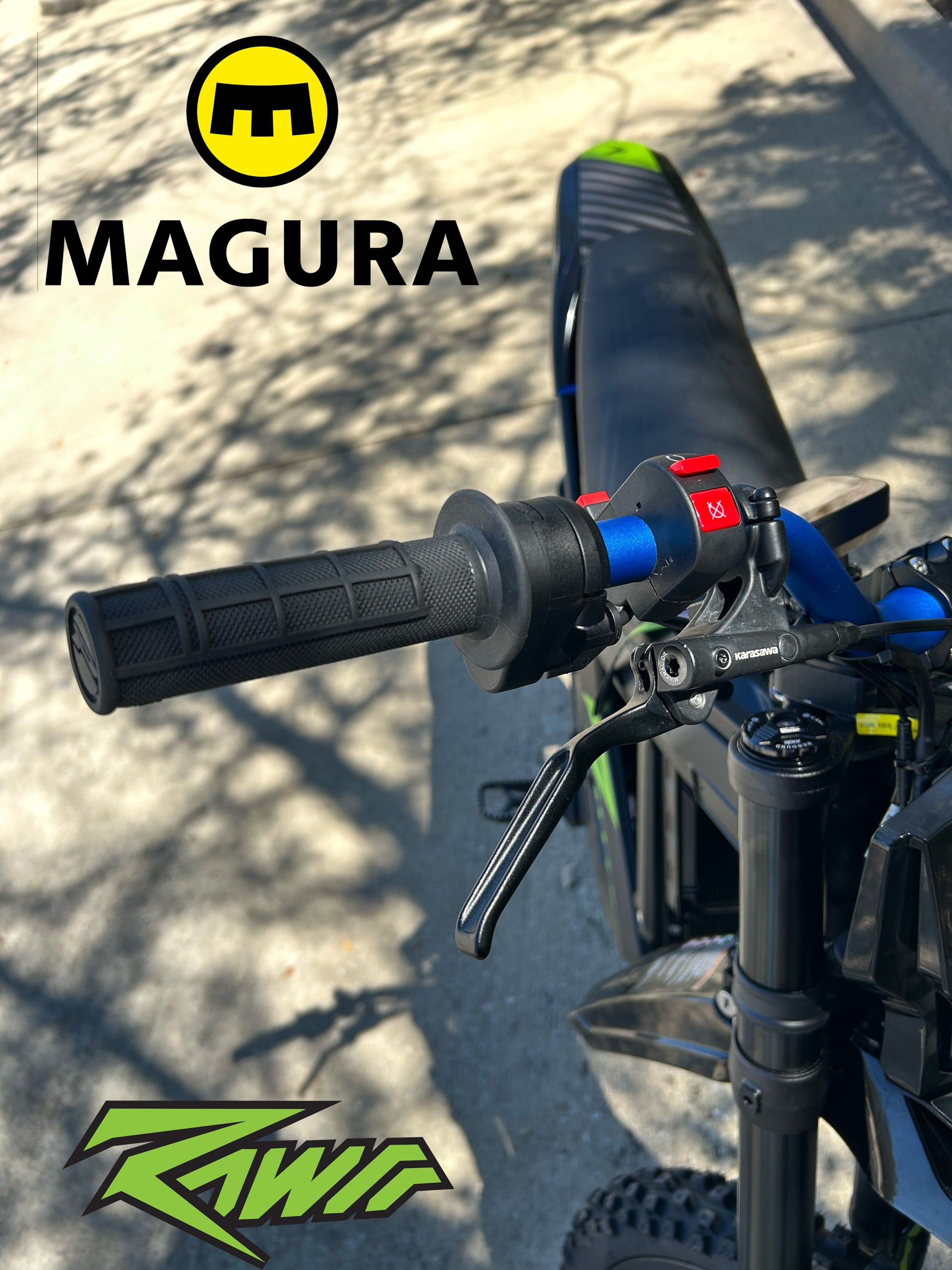 Electronic Magura throttle for electric dirt bikes, featuring 1/4 turn design by eDirtyBike, shown in Rawrr Mantis X or Mantis Mini style.