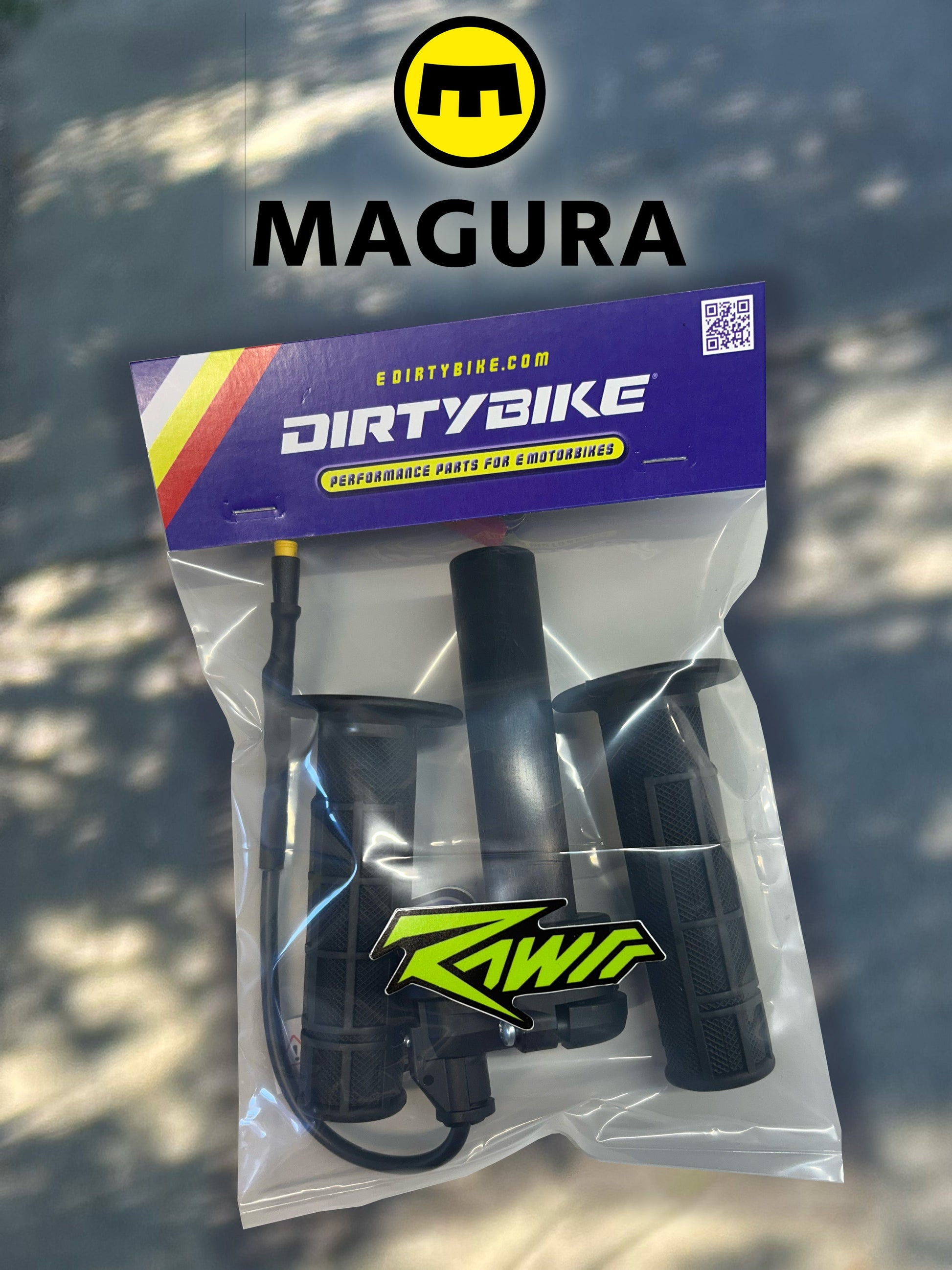 Electronic Magura throttle for dirt bikes, eDirtyBike Rawrr Mantis X and Mini, featuring 1/4 turn control and durable design.
