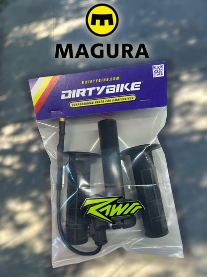 Electronic Magura throttle for dirt bikes, eDirtyBike Rawrr Mantis X and Mini, featuring 1/4 turn control and durable design.