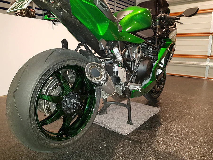 Rear view of Vandemon Titanium Carbon Tip Slip-On exhaust for H2 SE SX 2018-24 motorcycle by Bill's Exhausts.