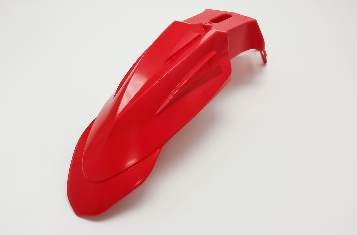 Red Warp 9 SuperMoto front fender for MX to SM conversion, lightweight body plastic for motorcycle motocross and supermoto bikes.