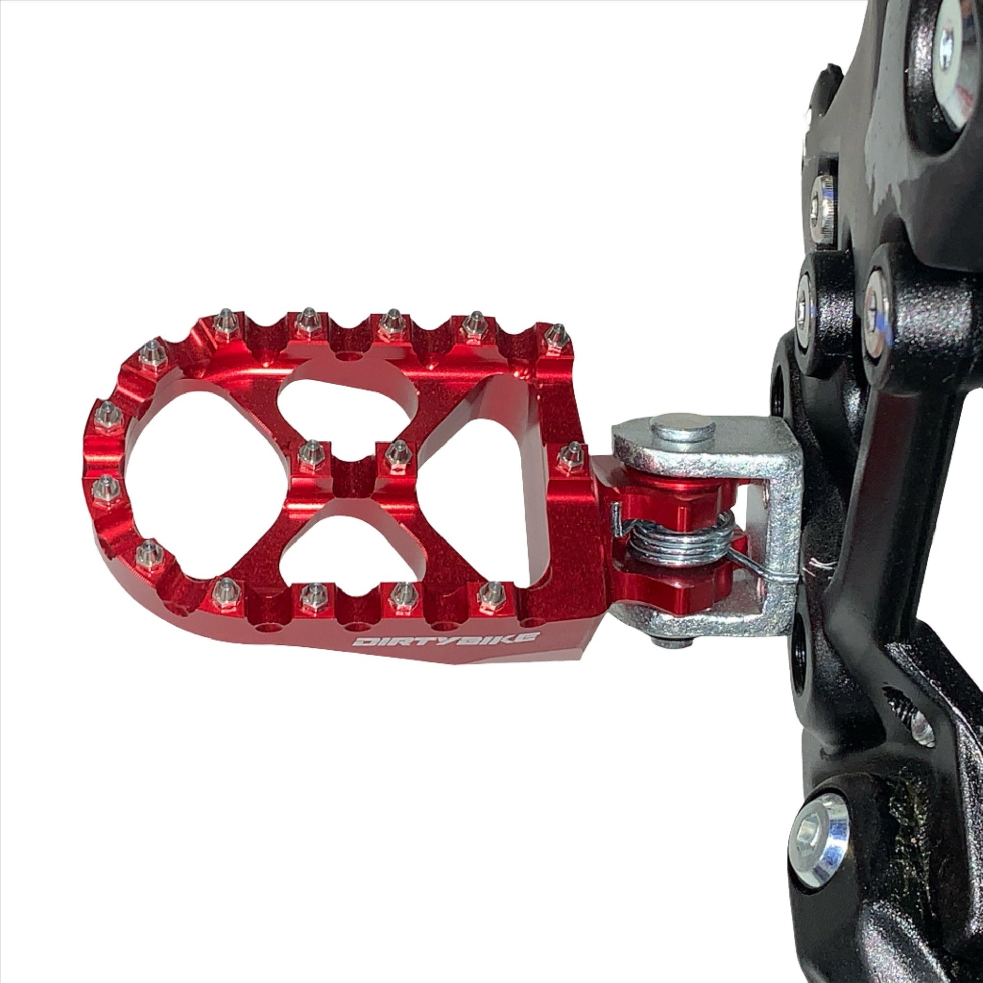 Red CNC aluminum foot peg on eDirtyBike Talaria MX/X3 electric dirt bike for off-road riding.