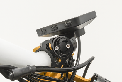 Warp9Racing ERIDE PRO DISPLAY mounted on bike, showing digital interface and controls for e-bike performance monitoring.