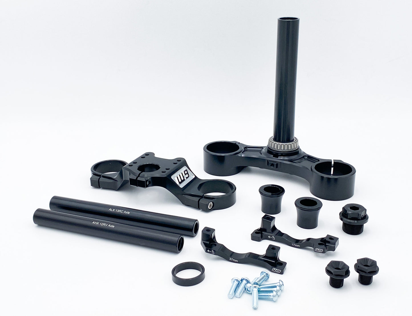 Warp9Racing FastAce Triple Clamps in silver, designed for motorcycle front fork stabilization and enhanced handling.