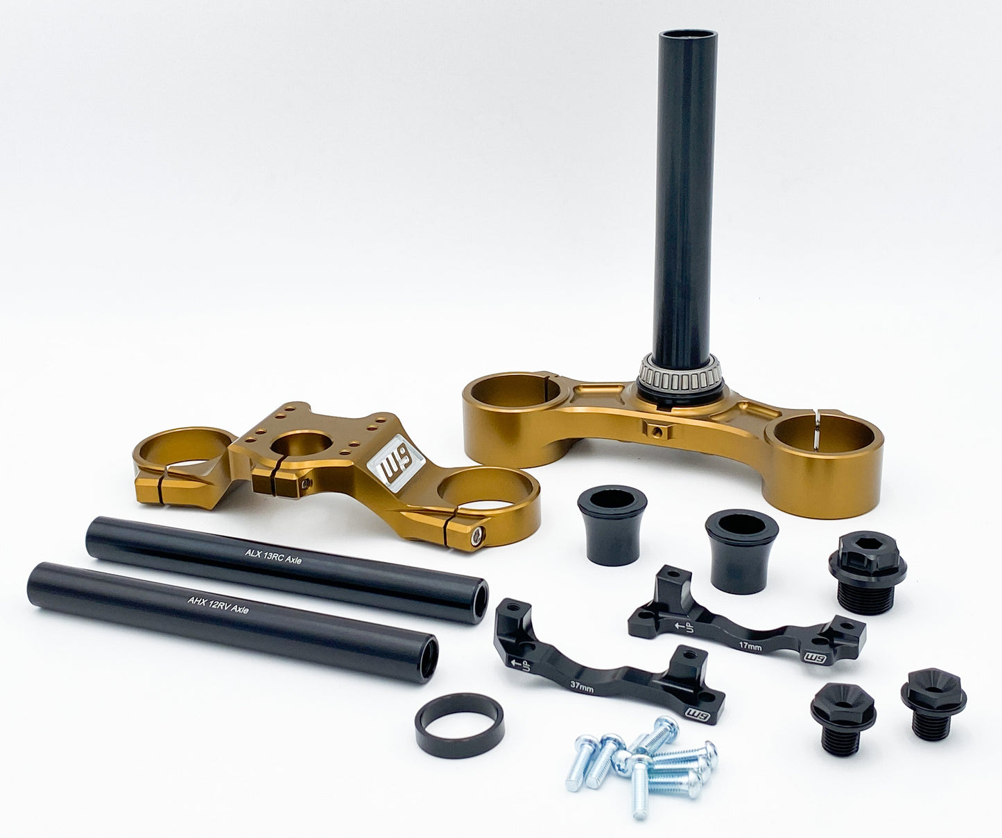 Warp9Racing FastAce Triple Clamps shown in the image, featuring durable metal construction and precise machining for motorcycle handlebars.