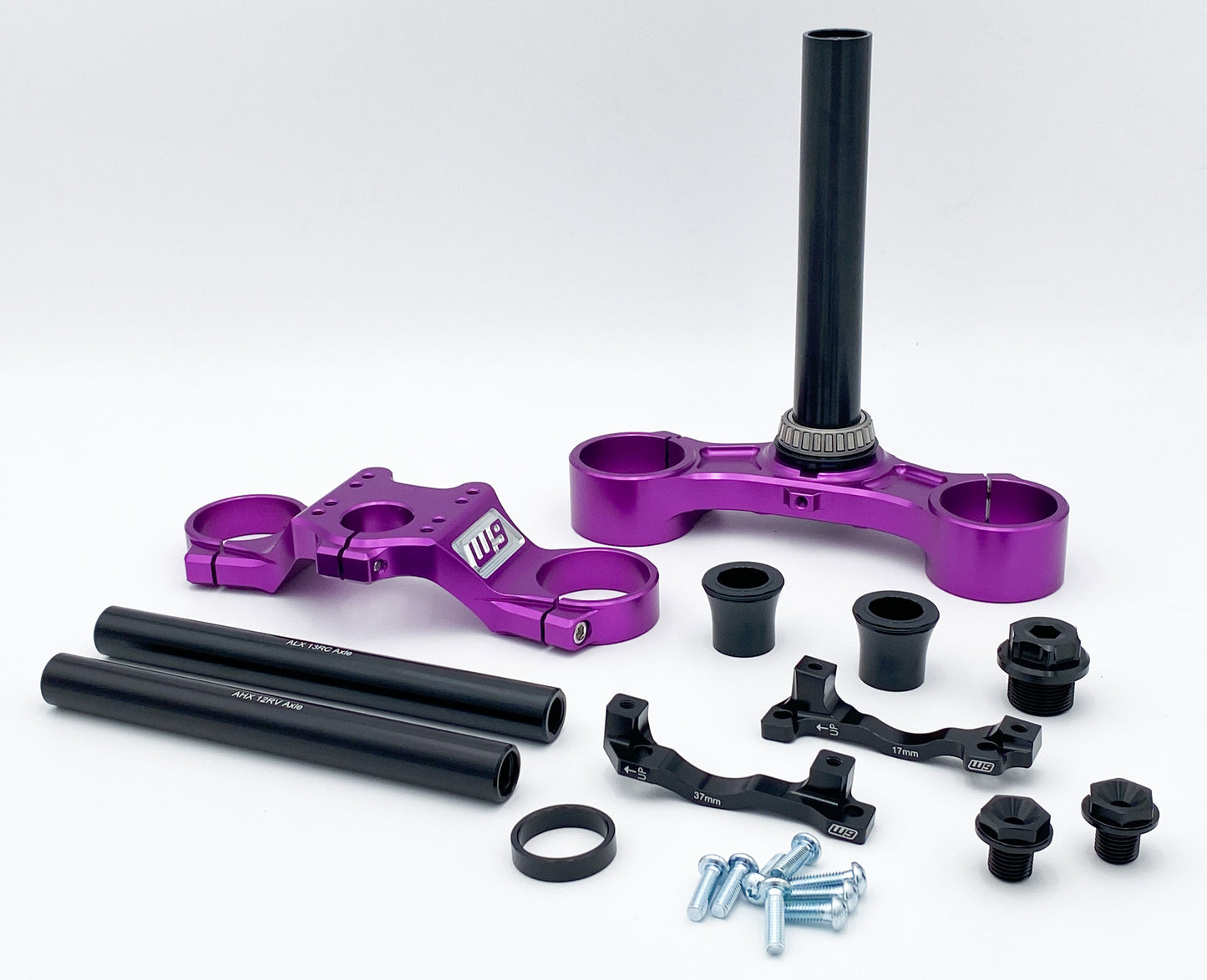 Warp9Racing FastAce Triple Clamps shown in black, designed for motorcycle handlebar stability and precision.
