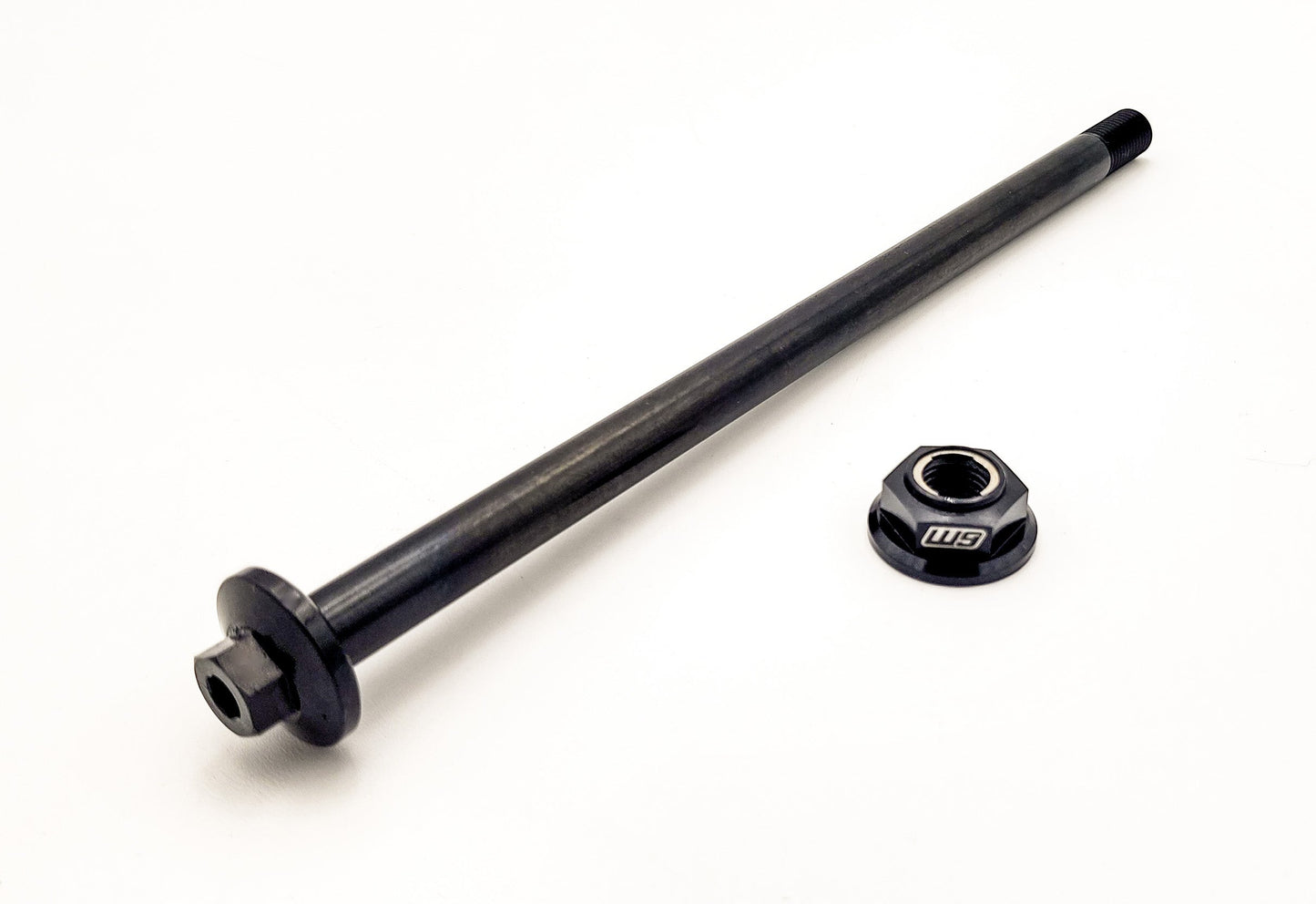 Warp9Racing Light Bee 12.9 Cryo swingarm/jackshaft bolt, high-strength motorcycle part, shown in black with threading details.