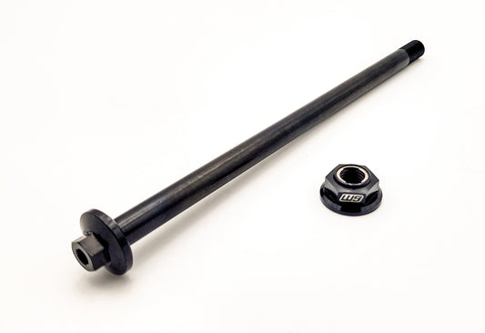 Warp9Racing Light Bee 12.9 Cryo swingarm/jackshaft bolt, high-strength motorcycle part, shown in black with threading details.
