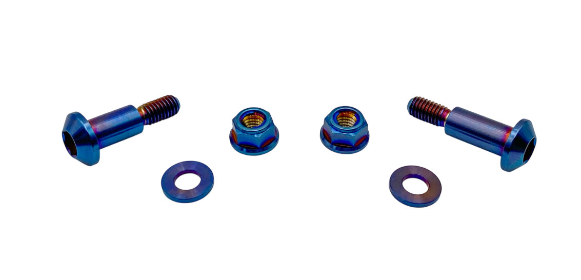 Warp 9 Racing titanium shorty lever pivot bolts for Sur-Ron Ultra Bee, Grade 5 steel with burnt blue finish, lightweight and durable.