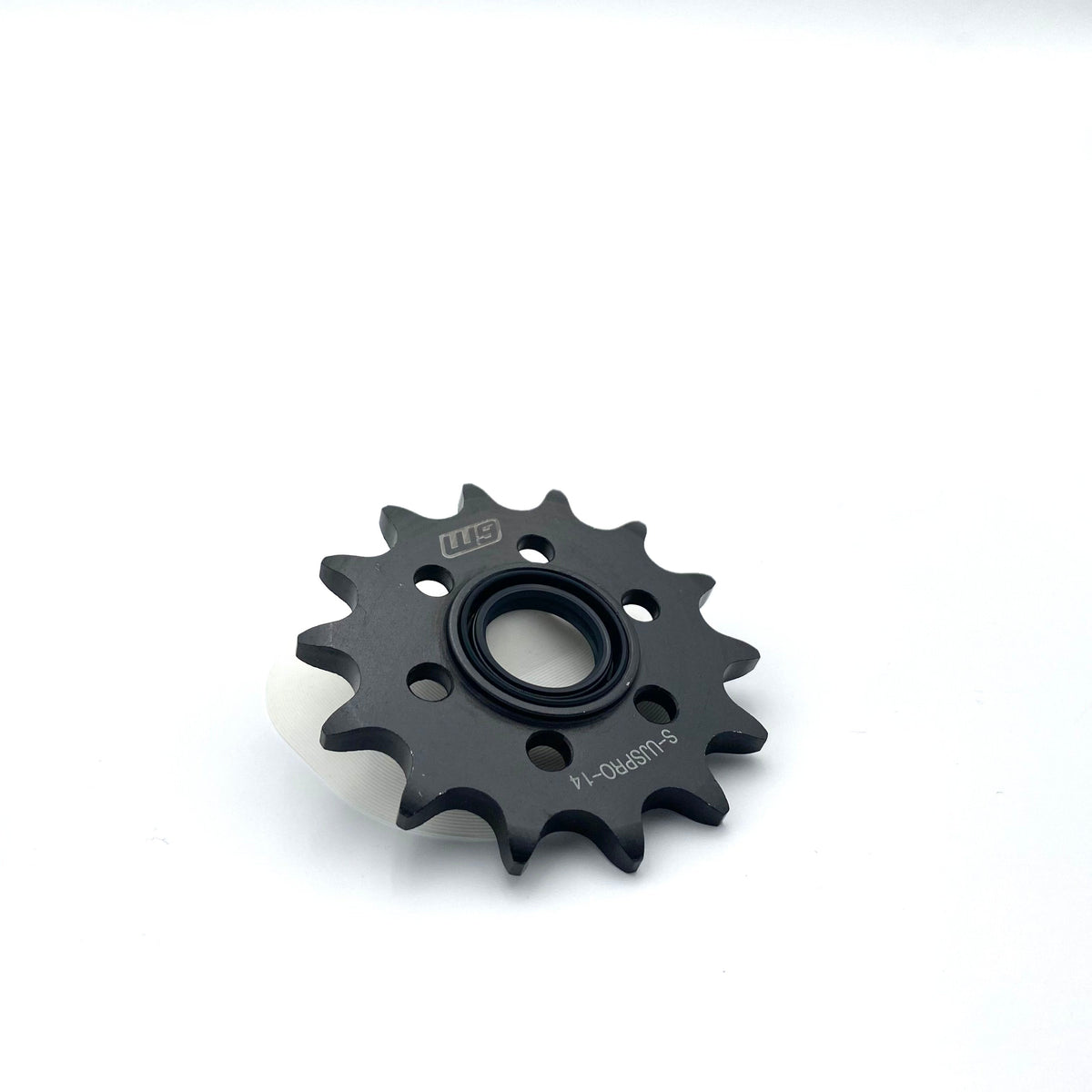 Warp9Racing Ultra Bee Jack Shaft Sprocket, black metal gear with teeth for motorcycle drivetrain, labeled S-UJSPRO-14.