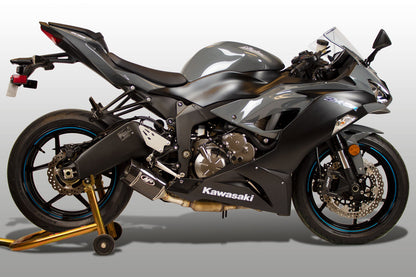 Carbon fiber street slayer slip-on exhaust for M4 ZX6R 2009-2026 by Bill's Exhausts, side view showing sleek design.