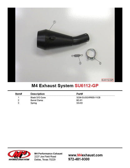 Black M4 GP slip-on exhaust for Suzuki GSXR600/750 2011-2024, shown in sleek design with mounting details.