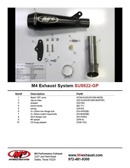 Black M4 GP slip-on exhaust for 2007-2008 Suzuki GSXR1000, showcasing the sleek design and branding of Bill's Exhausts.