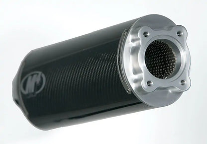 Black carbon fiber M4 exhaust bolt-on for 2001-2003 Suzuki GSXR 600 motorcycle, with polished metal components.