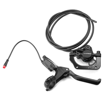 Hycline Tektro HD-E350 hydraulic disc brake set with front and rear brakes, rotors, and IS adapter on a bicycle.