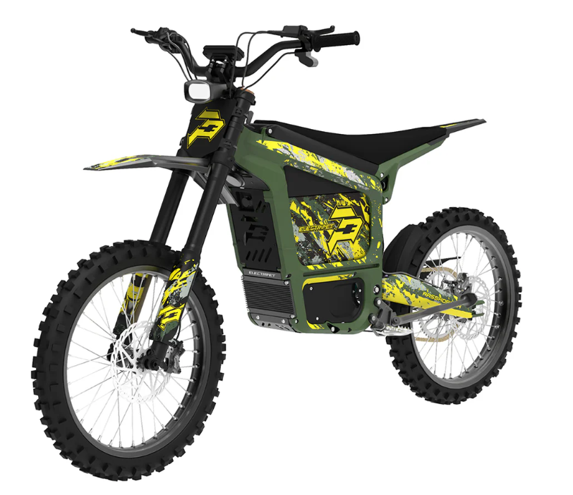 Howling Moto Grasshopper SE electric dirt bike with 72V 60Ah battery and 12.5kW mid-drive, shown from side view.