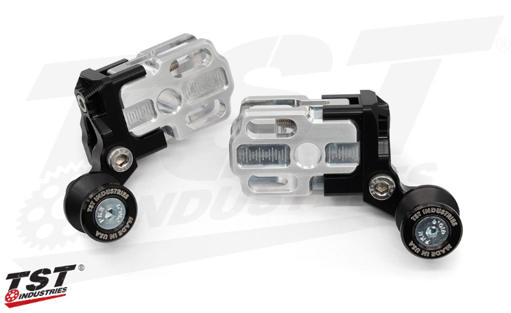 TST Spooled Captive Chain Adjusters for Kawasaki Z125 PRO 2017-2026, CNC aluminum motorcycle chain adjusters, close-up view