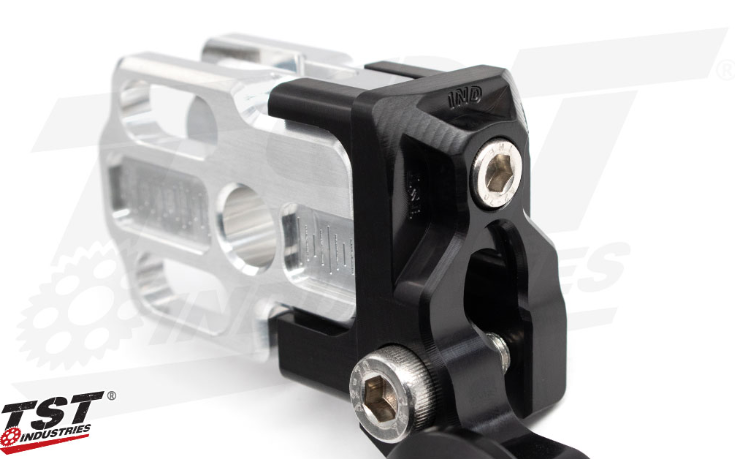TST Spooled Captive Chain Adjusters for Kawasaki Z125 PRO 2017-2026, CNC aluminum motorcycle chain adjusters, shown on a screen.