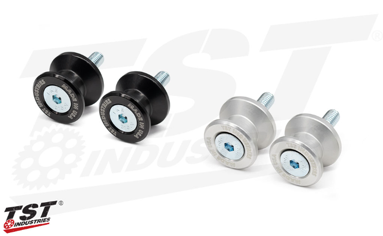 TST Spooled Captive Chain Adjusters in CNC aluminum for Kawasaki Z125 PRO 2017-2026, showing detailed close-up of the chain adjuster components.