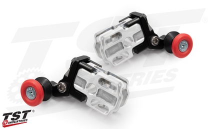 TST Industries CNC aluminum spooled captive chain adjusters for Kawasaki Z125 PRO 2017-2026, shown in the image.