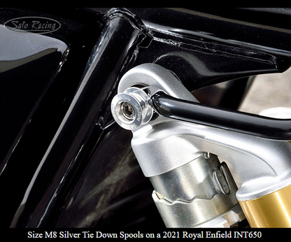Sato Racing M6/M8 anodized aluminum motorcycle cargo tie-down spools for secure motorcycle transport and accessories.