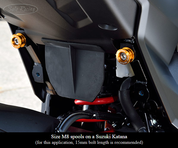 Sato Racing anodized aluminum motorcycle cargo anchors with M6/M8 tie-down spools for secure cargo attachment.