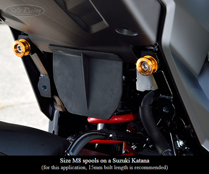 Sato Racing anodized aluminum motorcycle cargo anchors with M6/M8 tie-down spools for secure cargo attachment.