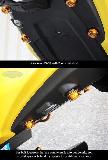 Sato Racing M6/M8 anodized aluminum motorcycle cargo tie-down spools for secure motorcycle transport accessories.